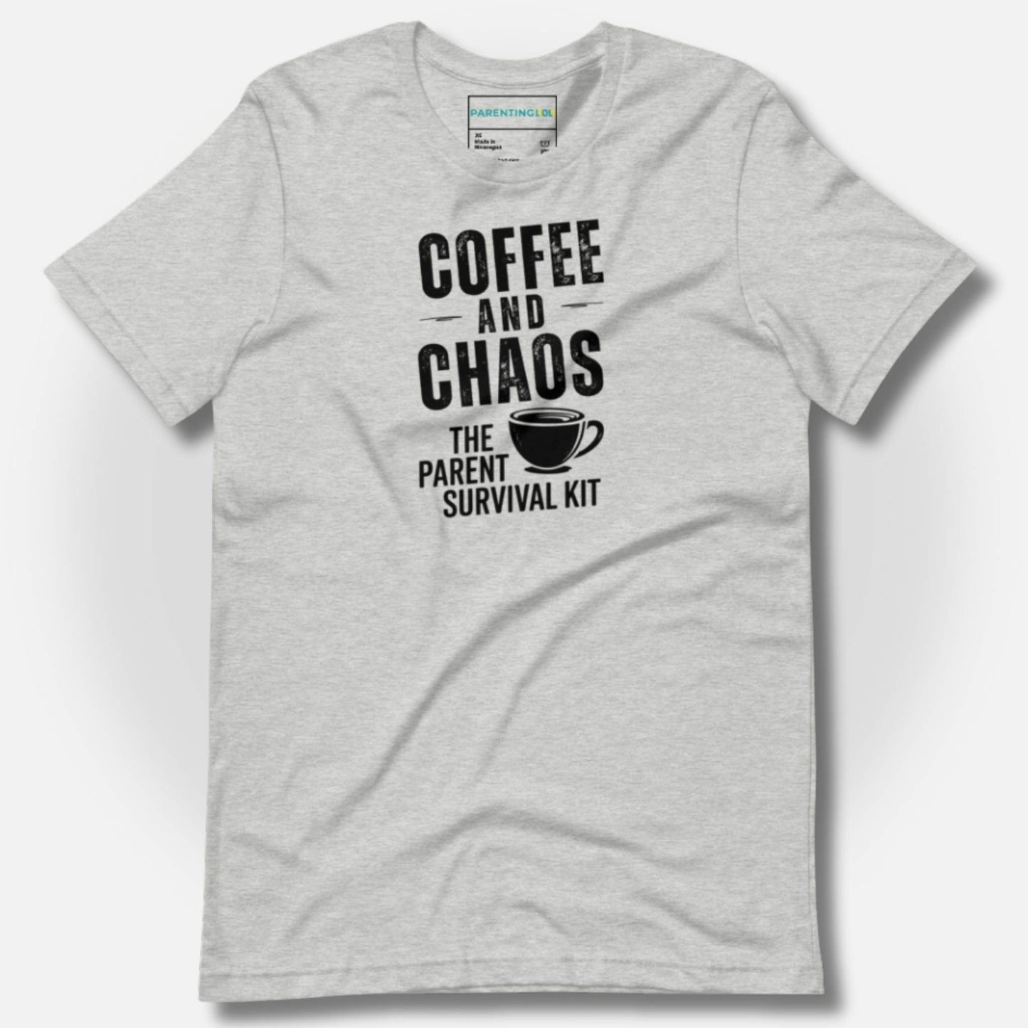 ParentingLOL "Coffee and Chaos: The Parent Survival Kit" t-shirt in Athletic Heather, showcasing soft, high-quality fabric.