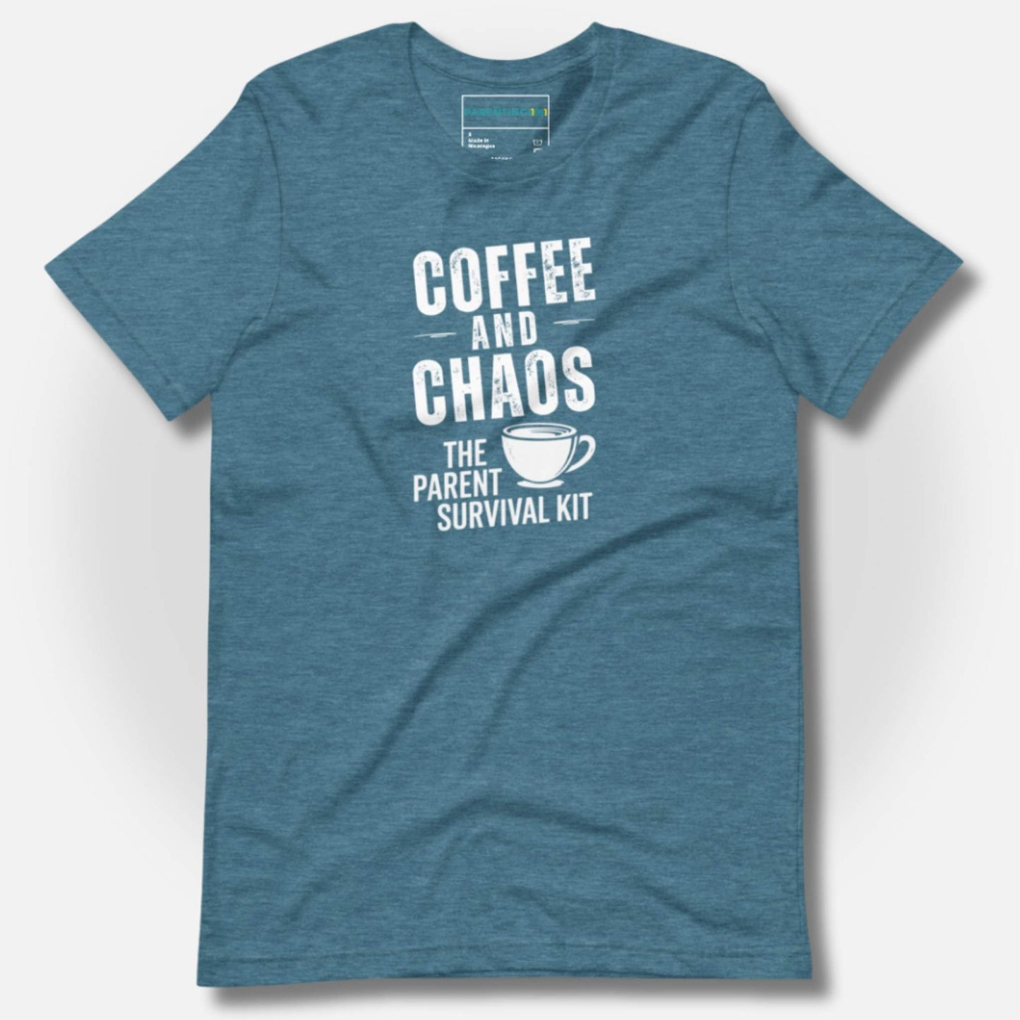 ParentingLOL "Coffee and Chaos: The Parent Survival Kit" t-shirt in Heather Deep Teal, showcasing the crisp white design and soft fabric.