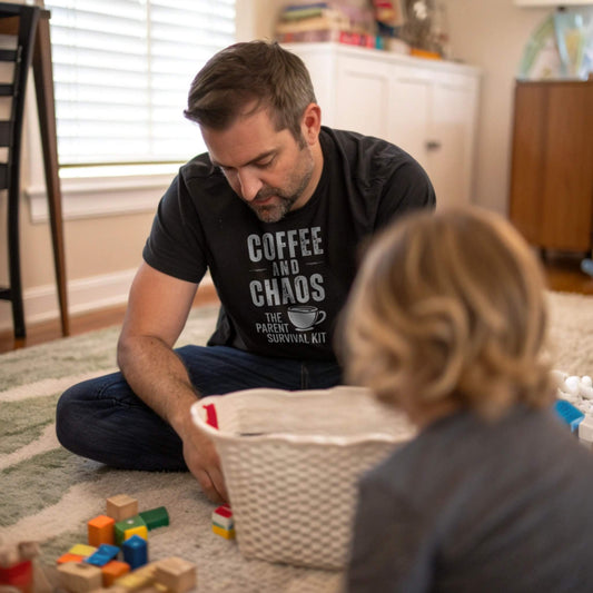 A dad in a Black "Coffee and Chaos" t-shirt, playing on the floor with a child, embodying the daily parent struggles and comfortable wear.
