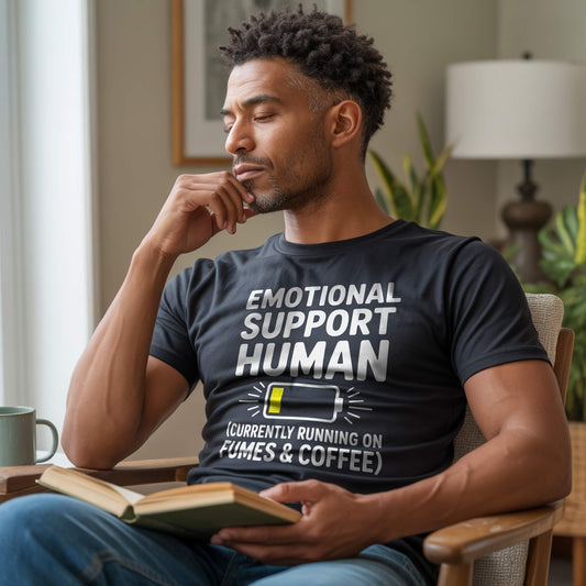 Lifestyle Photo - Dad; Male parent wearing a black "Emotional Support Human" t-shirt, relaxing with a book, embodying self-care and relatable dad life.