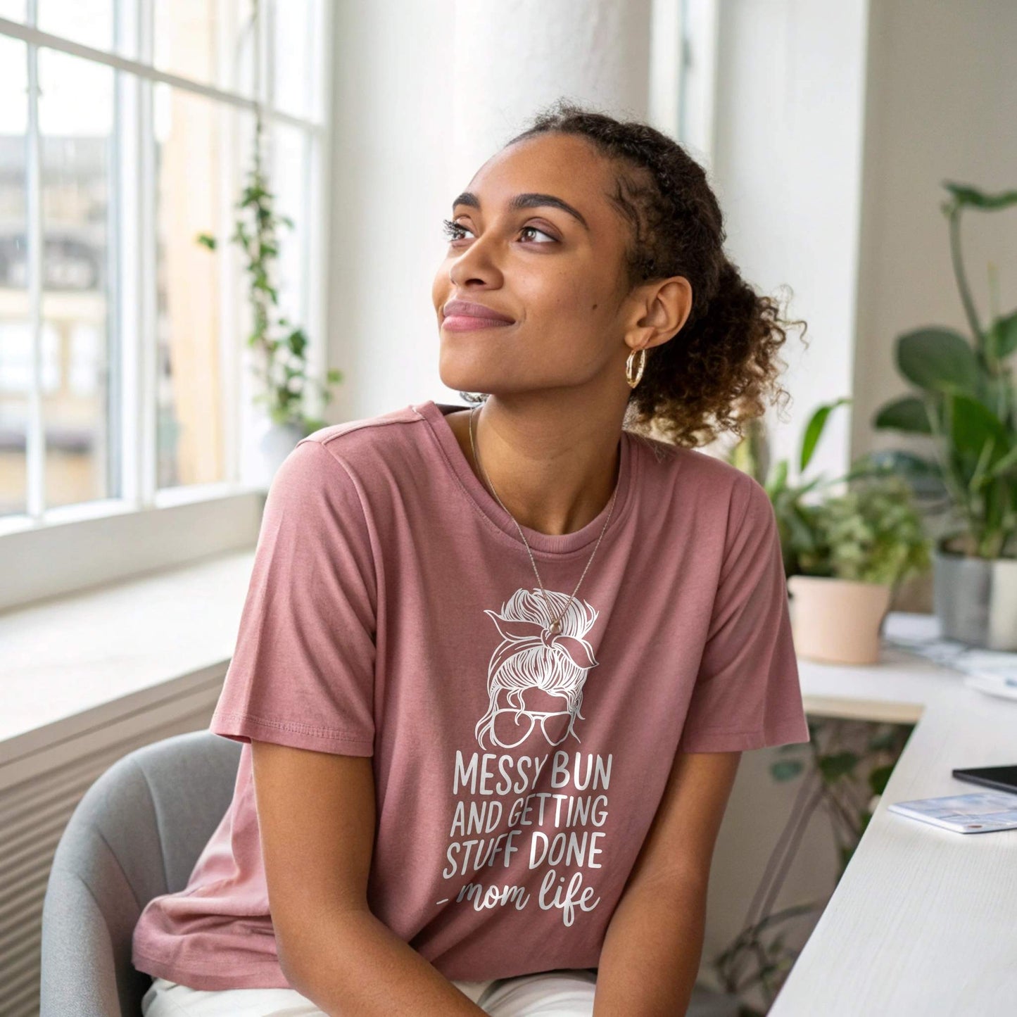 Heather Mauve t-shirt with "Messy Bun and Getting Stuff Done - mom life" design, perfect for busy, relatable moms.