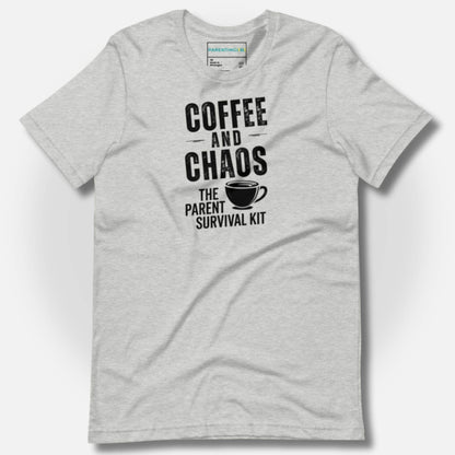 ParentingLOL "Coffee and Chaos: The Parent Survival Kit" t-shirt in Athletic Heather, showcasing soft, high-quality fabric.