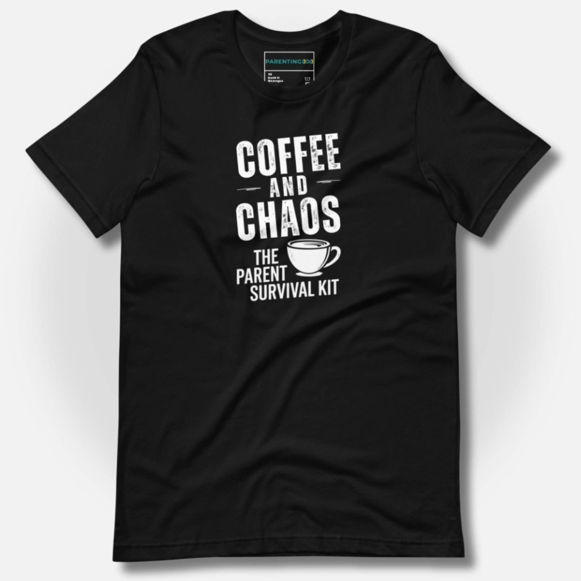 ParentingLOL "Coffee and Chaos: The Parent Survival Kit" t-shirt in Black, highlighting the crisp white text and coffee cup design.