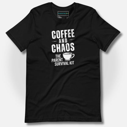 ParentingLOL "Coffee and Chaos: The Parent Survival Kit" t-shirt in Black, highlighting the crisp white text and coffee cup design.