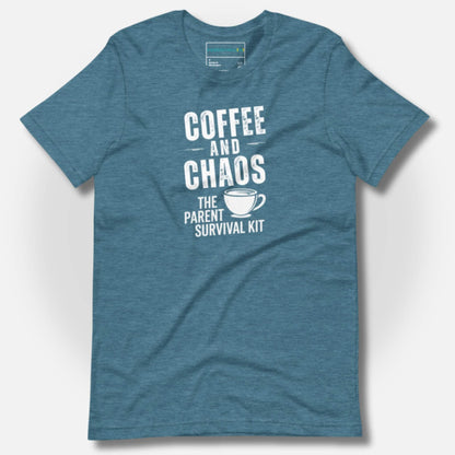 ParentingLOL "Coffee and Chaos: The Parent Survival Kit" t-shirt in Heather Deep Teal, showcasing the crisp white design and soft fabric.