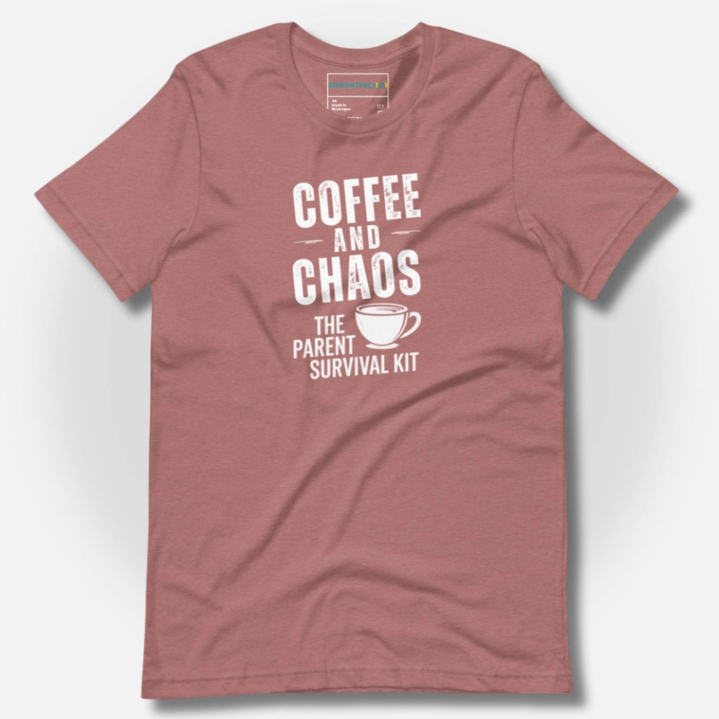 ParentingLOL "Coffee and Chaos: The Parent Survival Kit" t-shirt in Heather Mauve, featuring a white distressed print, ideal for a dusty rose aesthetic.