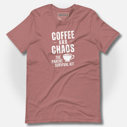 ParentingLOL "Coffee and Chaos: The Parent Survival Kit" t-shirt in Heather Mauve, featuring a white distressed print, ideal for a dusty rose aesthetic.