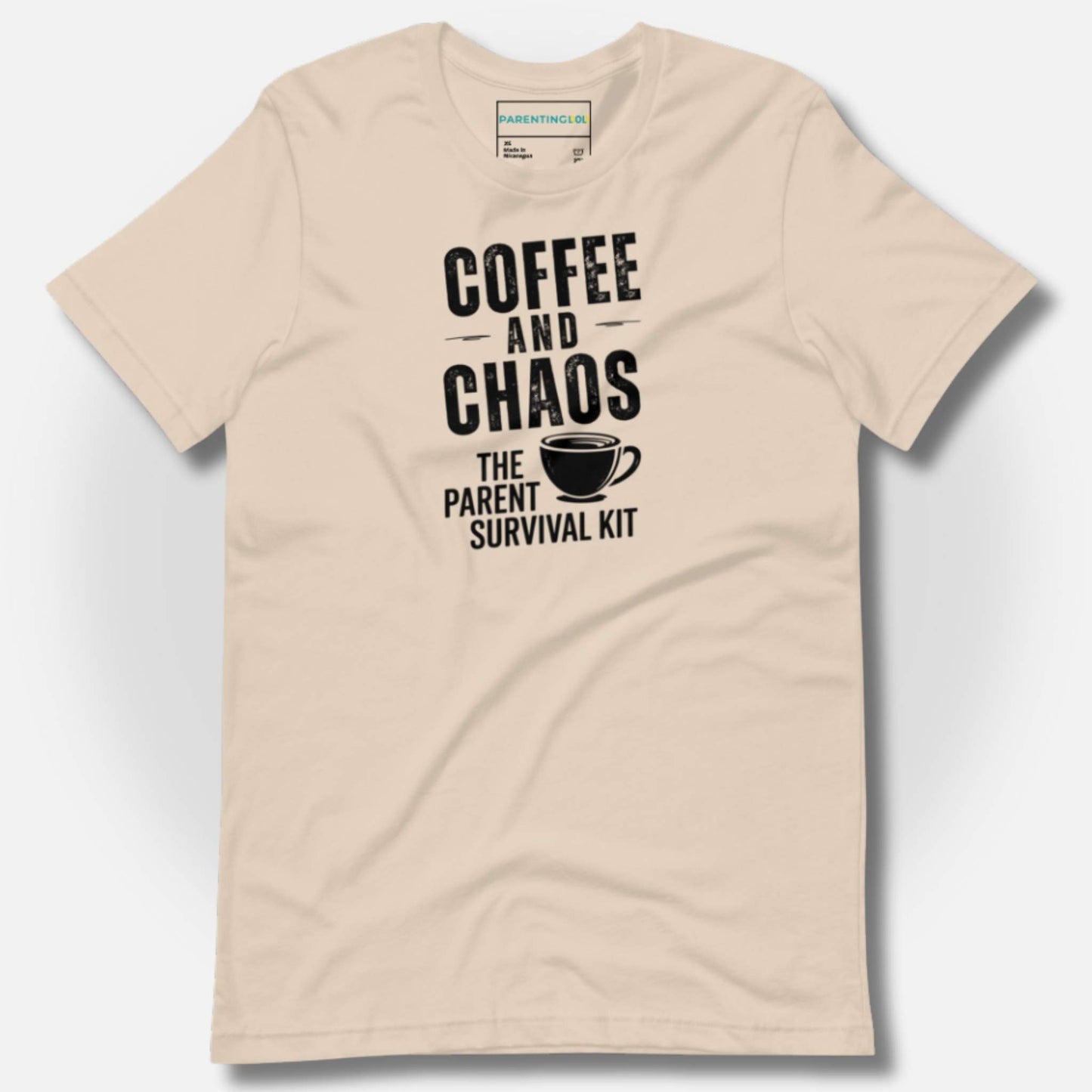 ParentingLOL "Coffee and Chaos: The Parent Survival Kit" t-shirt in Soft Cream, featuring a dark distressed print.