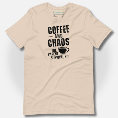 ParentingLOL "Coffee and Chaos: The Parent Survival Kit" t-shirt in Soft Cream, featuring a dark distressed print.