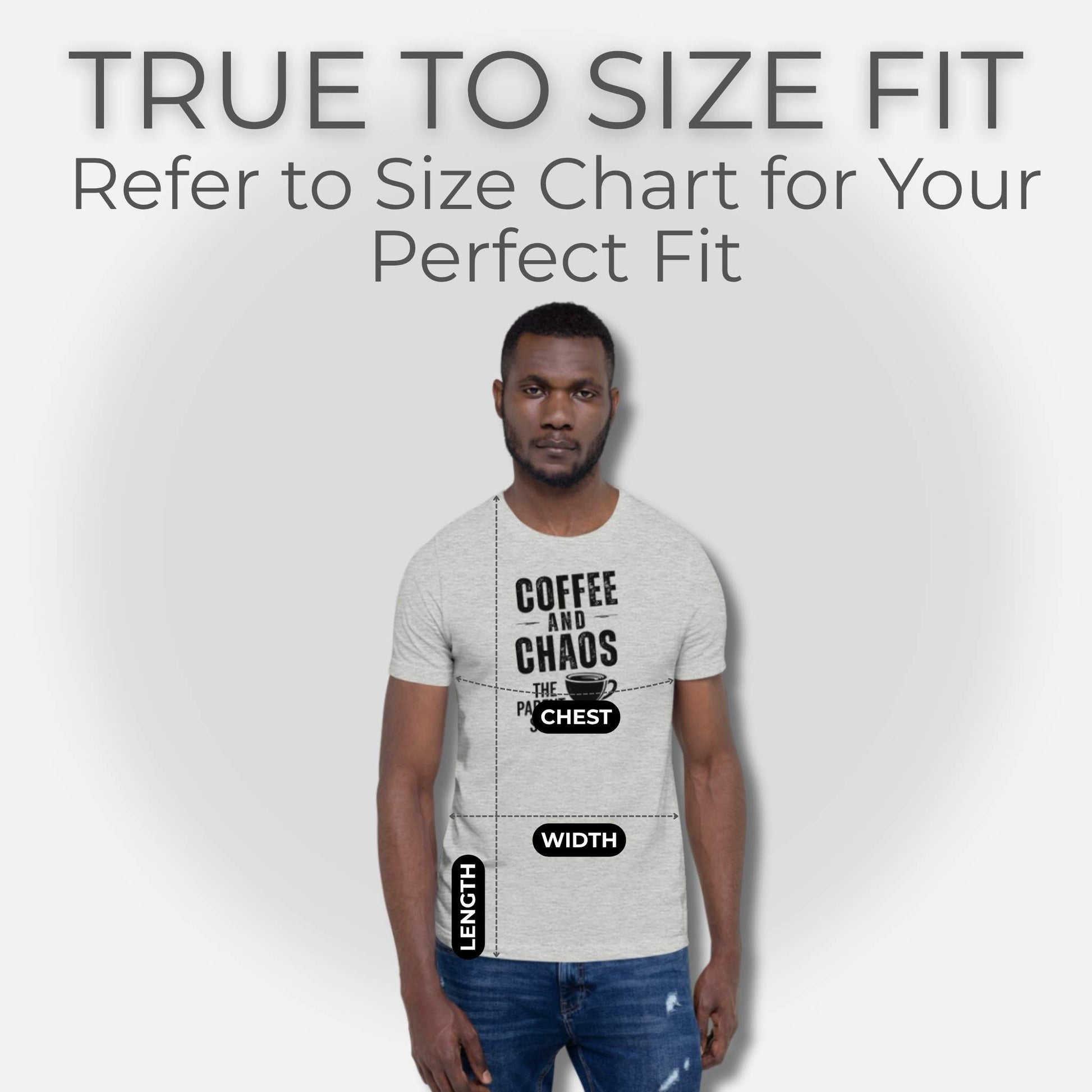 Male model wearing an Athletic Heather "Coffee and Chaos" tee, demonstrating the true-to-size fit for parents, with sizing measurements.