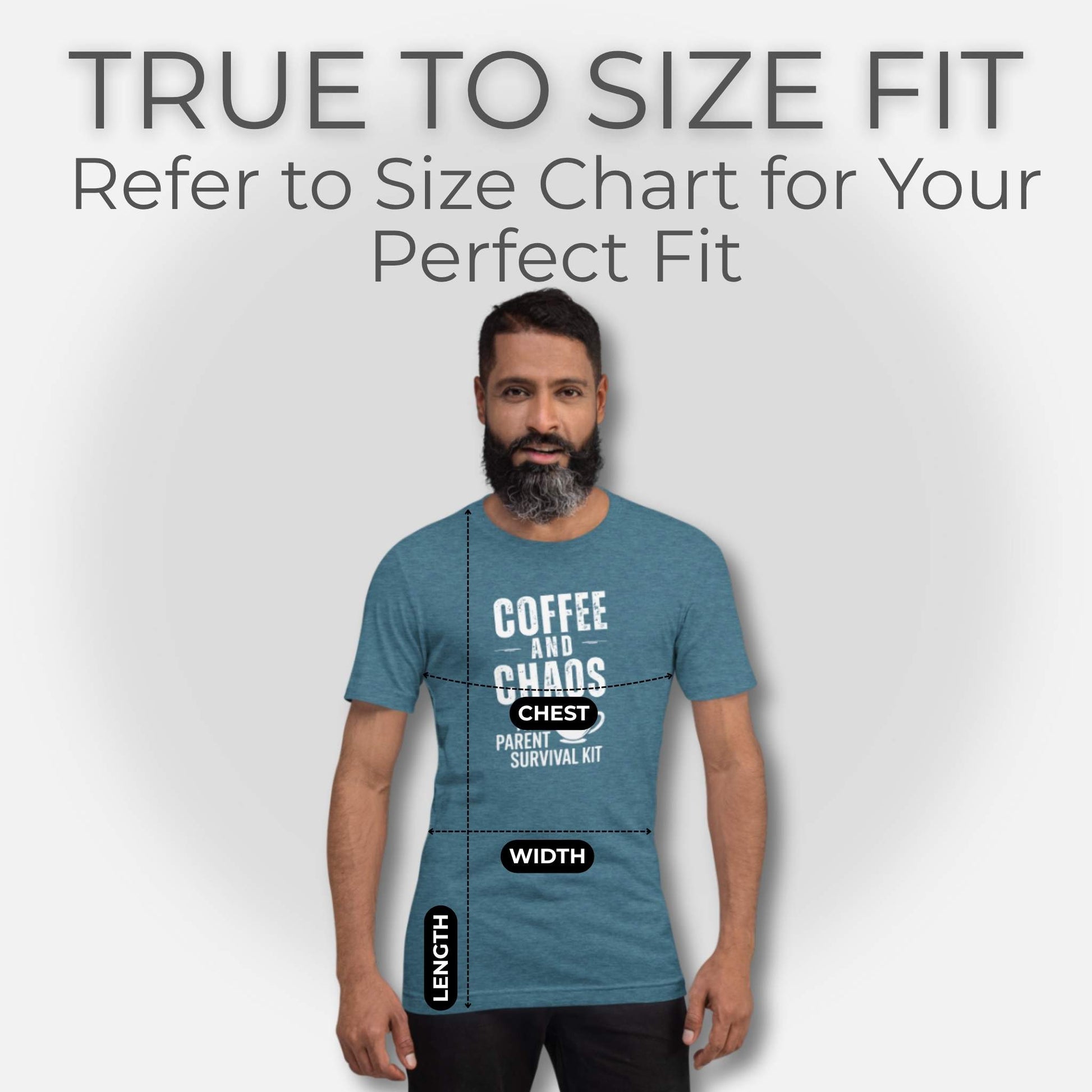 Male model wearing a Heather Deep Teal "Coffee and Chaos" tee, demonstrating the true-to-size fit for parents, with chest and width guides.