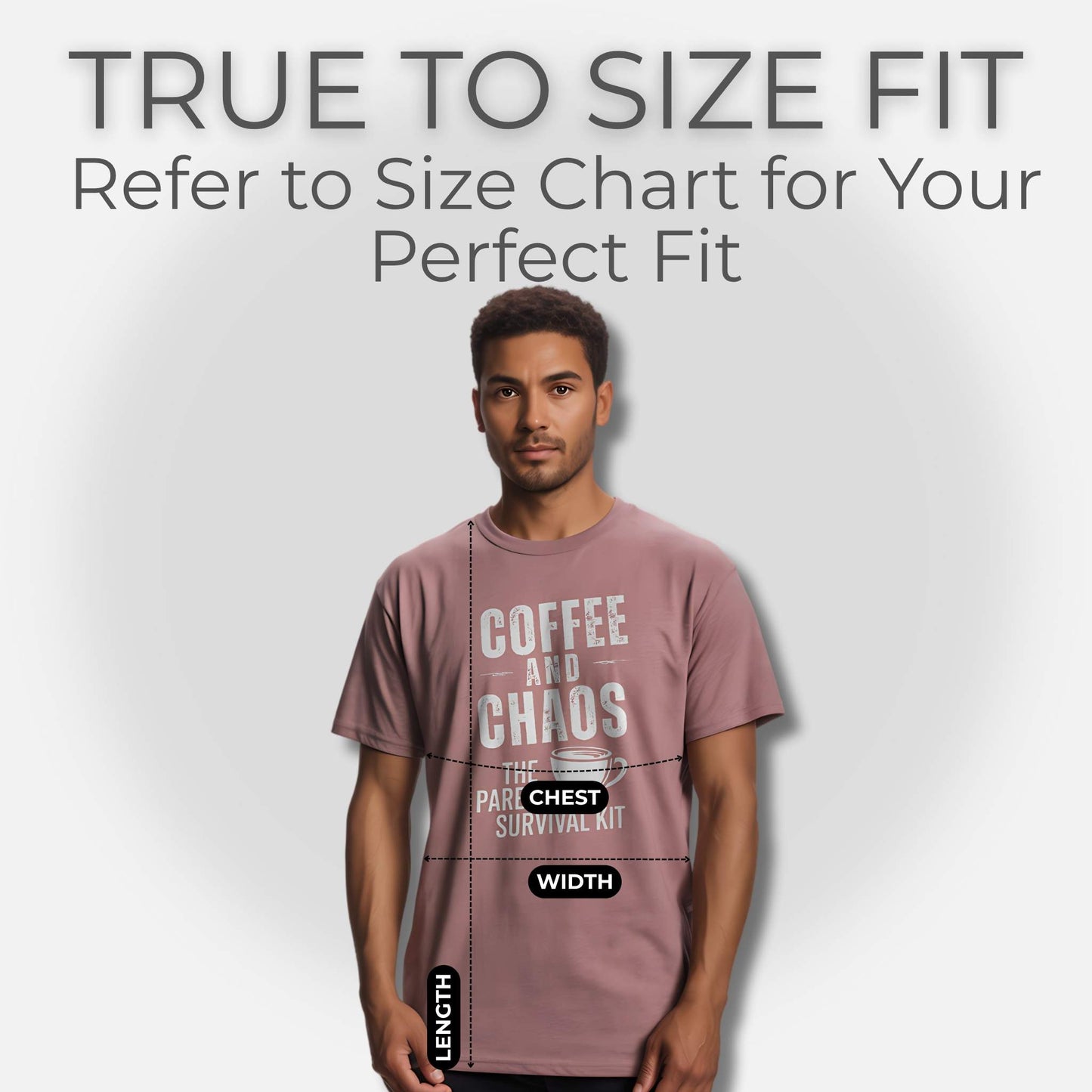 Male model wearing a Heather Mauve "Coffee and Chaos" tee, demonstrating the true-to-size fit for parents, with sizing measurements.