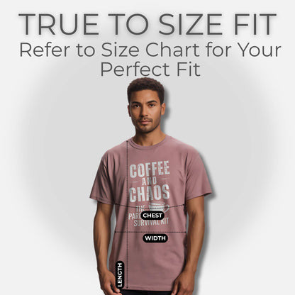 Male model wearing a Heather Mauve "Coffee and Chaos" tee, demonstrating the true-to-size fit for parents, with sizing measurements.