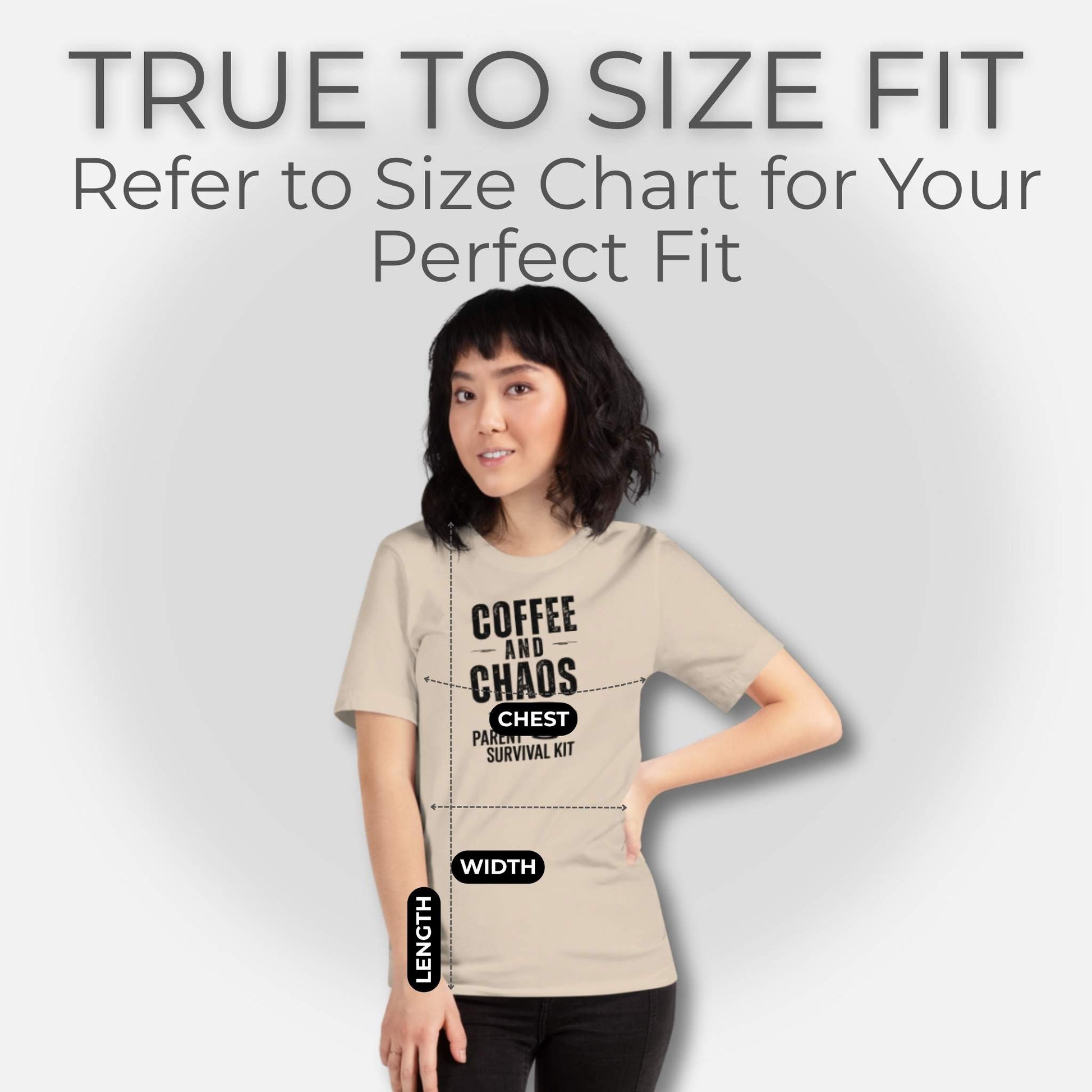 Female model wearing a Soft Cream "Coffee and Chaos" tee, showing the true-to-size fit for parents, with length and width details.
