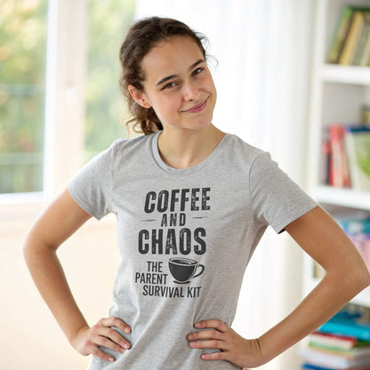 A smiling young parent in an Athletic Heather ParentingLOL "Coffee and Chaos" t-shirt, showcasing authentic parent life and comfort wear.