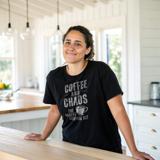 A content mom in a black "Coffee and Chaos: The Parent Survival Kit" t-shirt, reflecting authentic parent humor and daily essentials.
