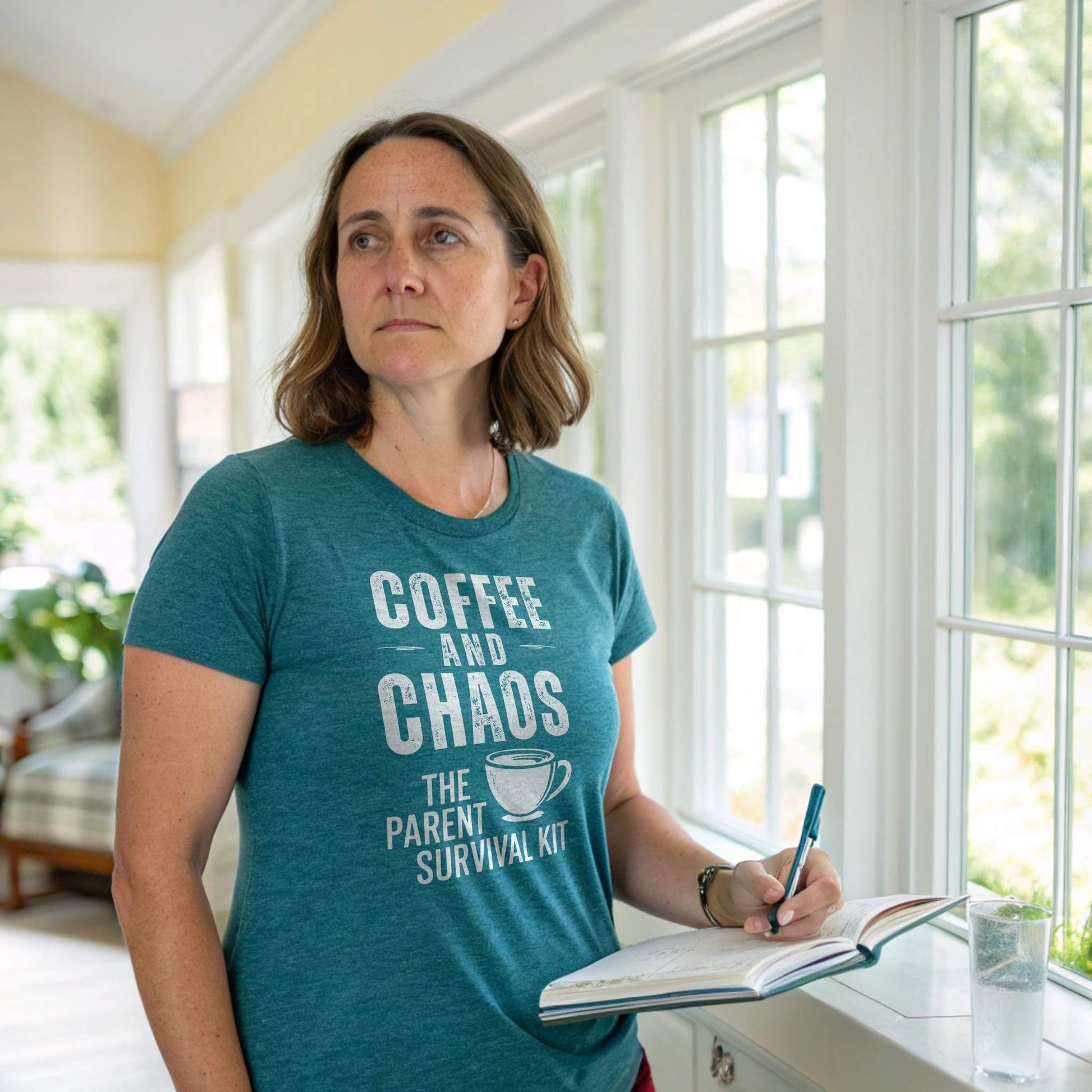 A focused mom wearing a Deep Teal ParentingLOL "Coffee and Chaos" t-shirt, embodying the everyday parent struggles and self-care.