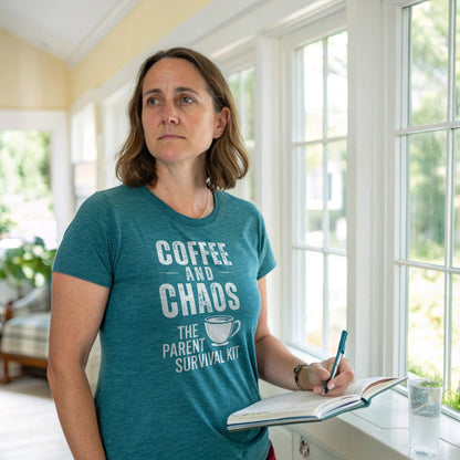 A focused mom wearing a Deep Teal ParentingLOL "Coffee and Chaos" t-shirt, embodying the everyday parent struggles and self-care.
