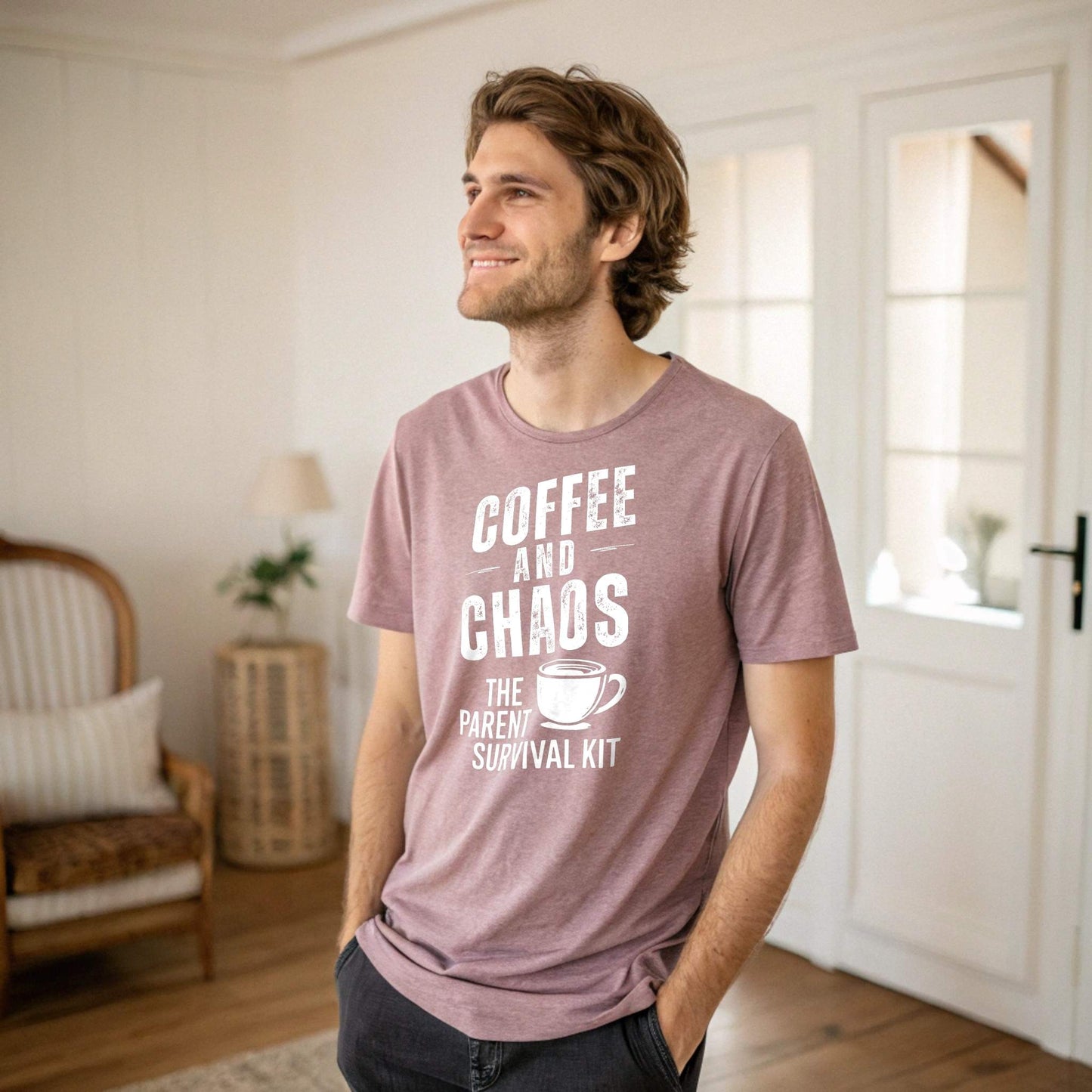 A smiling dad wearing a soft Heather Mauve ParentingLOL "Coffee and Chaos" t-shirt, embracing relatable parent humor and mental well-being.