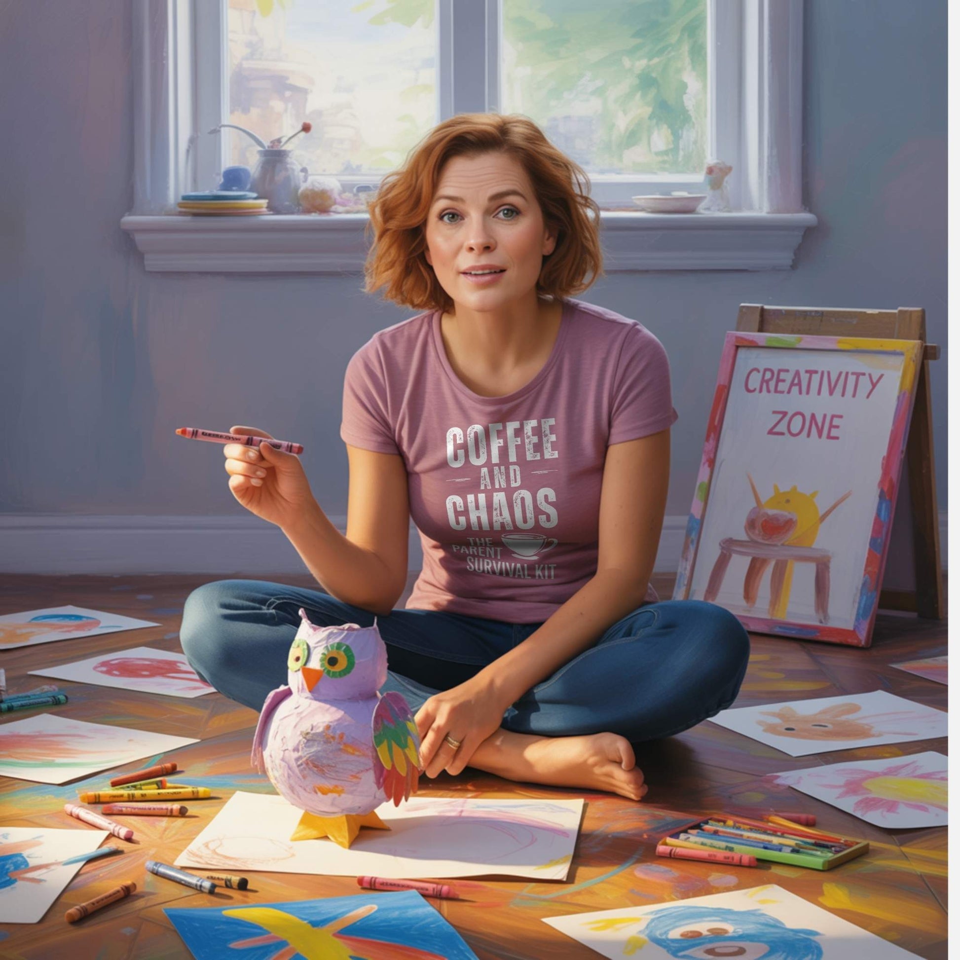 A mom in a Heather Mauve "Coffee and Chaos" t-shirt, surrounded by art supplies, embracing the creative chaos of parenthood with humor.