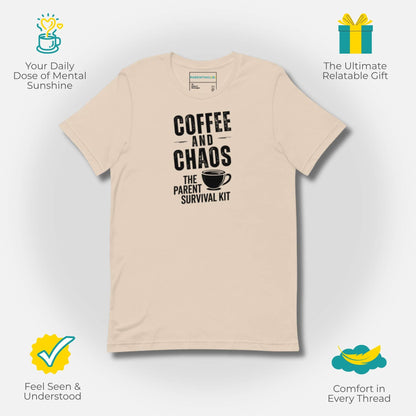 ParentingLOL "Coffee and Chaos" t-shirt in Soft Cream, highlighting why to buy: daily mental sunshine, relatable gift, feeling seen, and ultimate comfort.