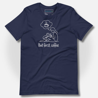 Detail of ParentingLOL's navy t-shirt, displaying the "But first, coffee" design, a soft and durable tee for authentic parent humor.