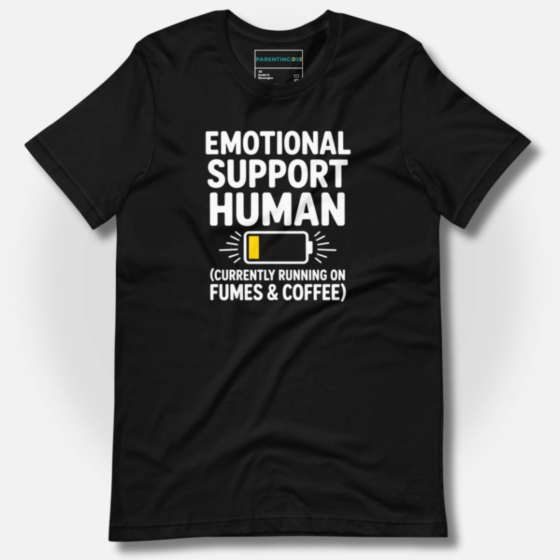 Black t-shirt with "Emotional Support Human (Currently Running on Fumes & Coffee)" text & low battery icon; authentic parent humor, mental health awareness, cozy comfort wear.