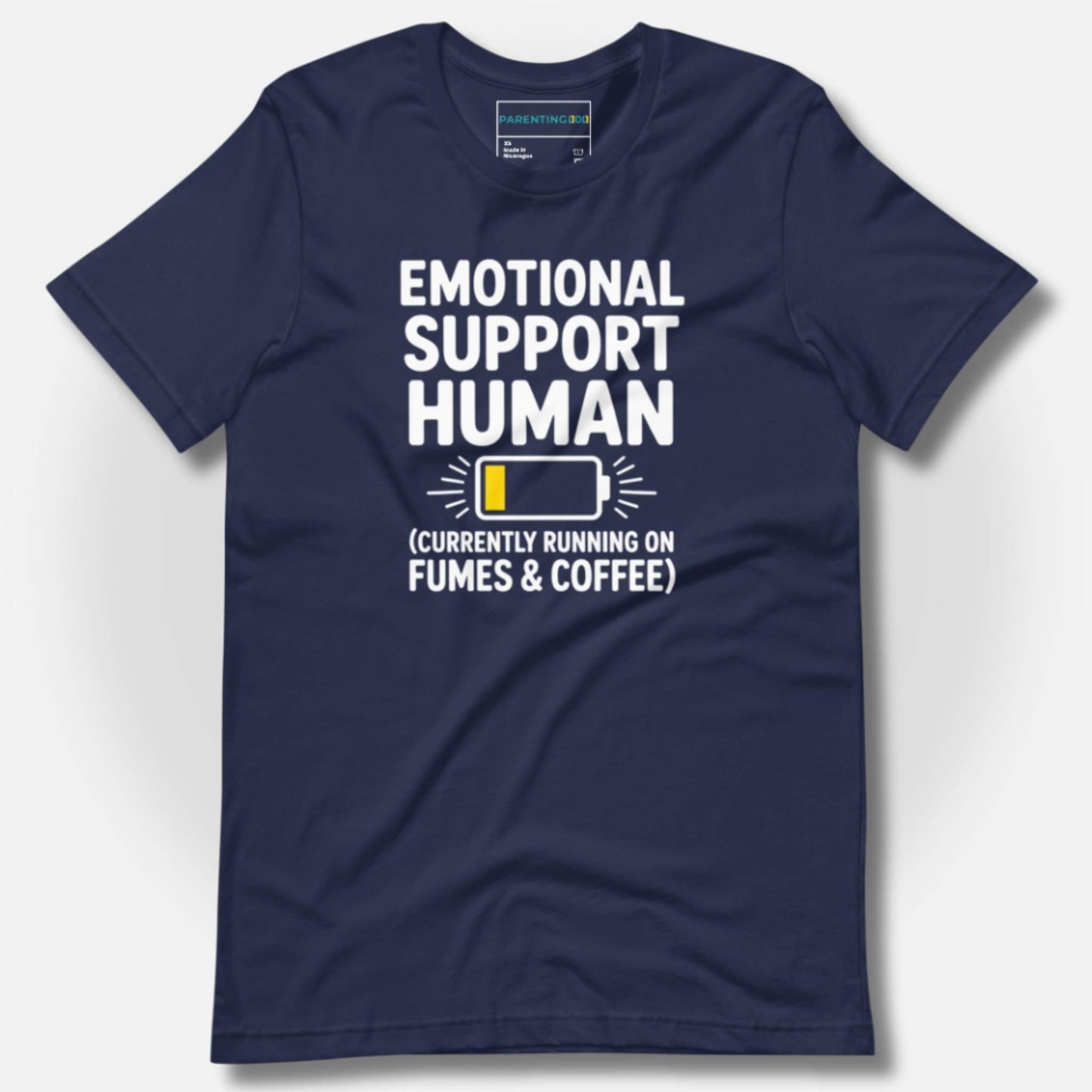 Navy blue t-shirt with "Emotional Support Human (Currently Running on Fumes & Coffee)" text & low battery icon; funny parent humor, mental health awareness, cozy comfort wear.
