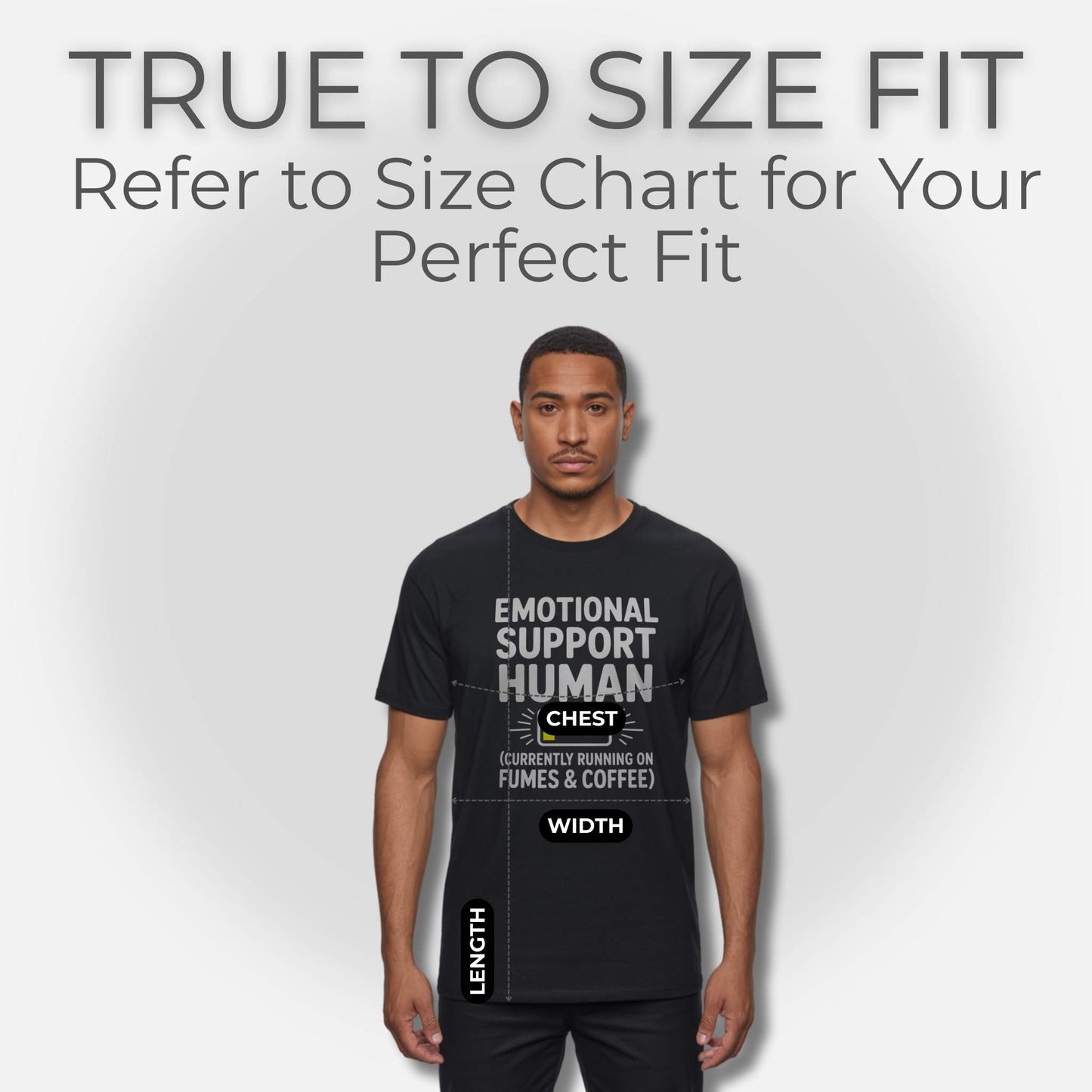 Fit Guide Image; Male model wearing a Black t-shirt with "Emotional Support Human" design and sizing overlays for chest, width, and length; true to size fit, quality t-shirt.