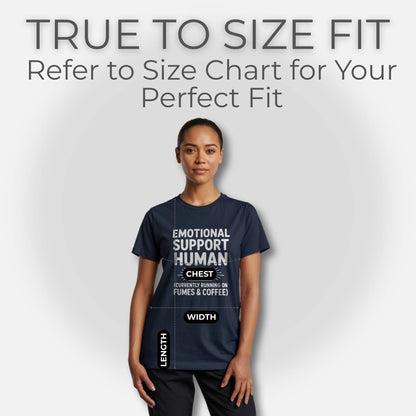 Fit Guide Image; Female model wearing a Navy t-shirt with "Emotional Support Human" design and sizing overlays for chest, width, and length; true to size fit, quality t-shirt.