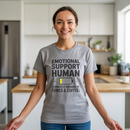 Product Hero Shot - Athletic Heather Tee; Female model wearing an Athletic Heather "Emotional Support Human" t-shirt, embodying humorous parent life and comfort wear.