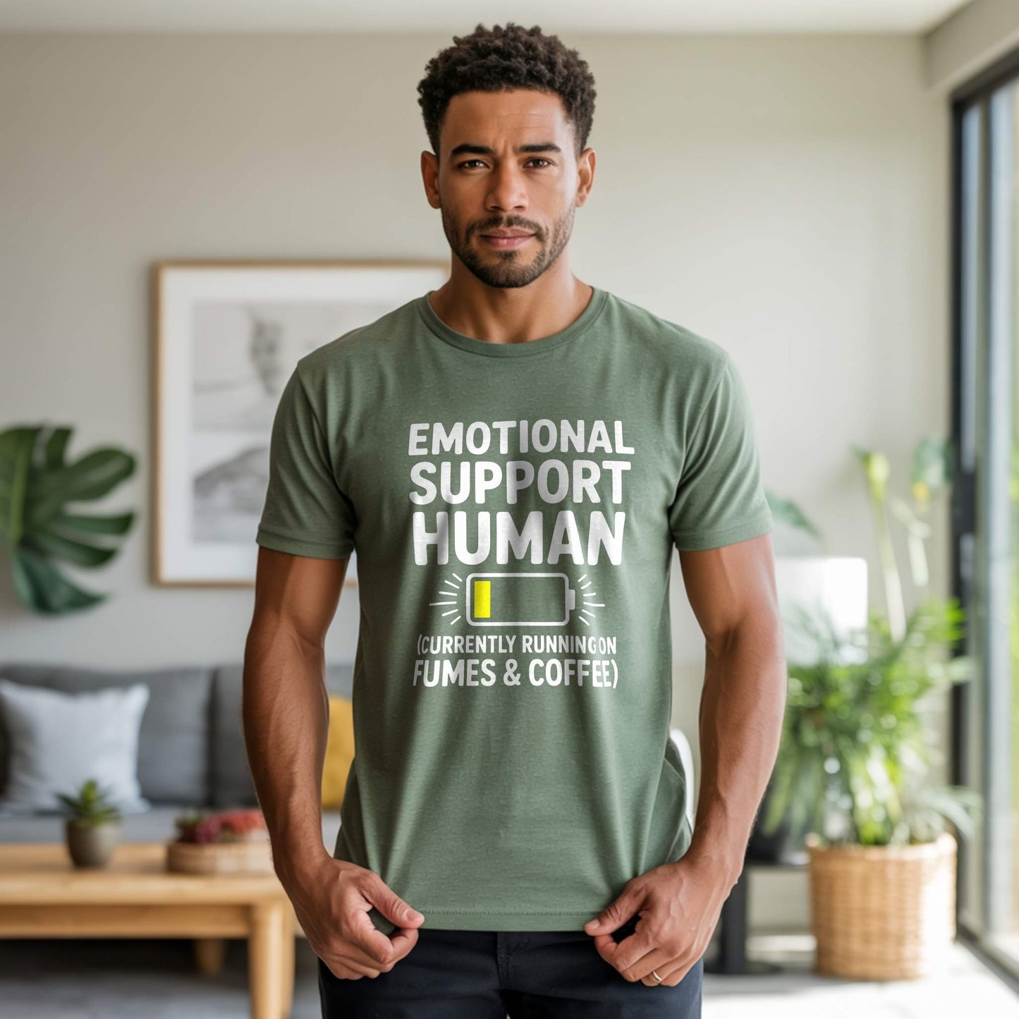Product Hero Shot - Heather Forest Tee; Male model wearing a Heather Forest "Emotional Support Human" t-shirt, perfect for relatable parent humor and daily comfort.