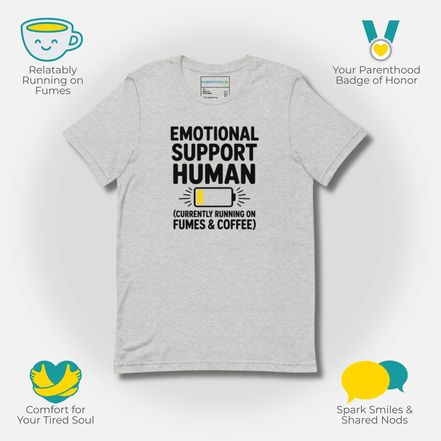 Why Buy Graphic; Athletic Heather t-shirt with "Emotional Support Human" design surrounded by icons representing relatable parenting, parenthood badge, comfort, and sparking smiles.