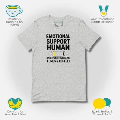 Why Buy Graphic; Athletic Heather t-shirt with "Emotional Support Human" design surrounded by icons representing relatable parenting, parenthood badge, comfort, and sparking smiles.