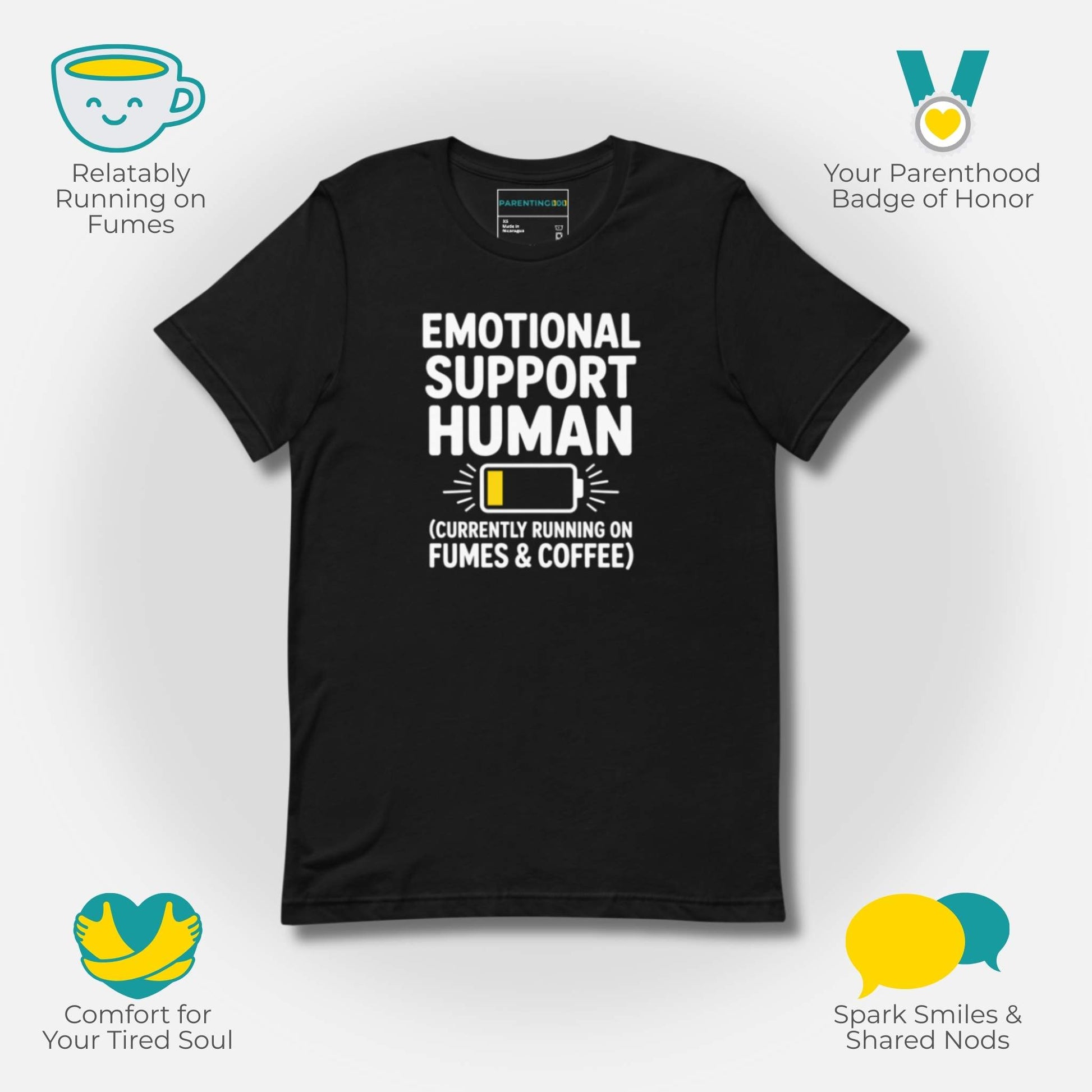 Why Buy Graphic; Black t-shirt with "Emotional Support Human" design surrounded by icons representing relatable parenting, parenthood badge, comfort, and sparking smiles.
