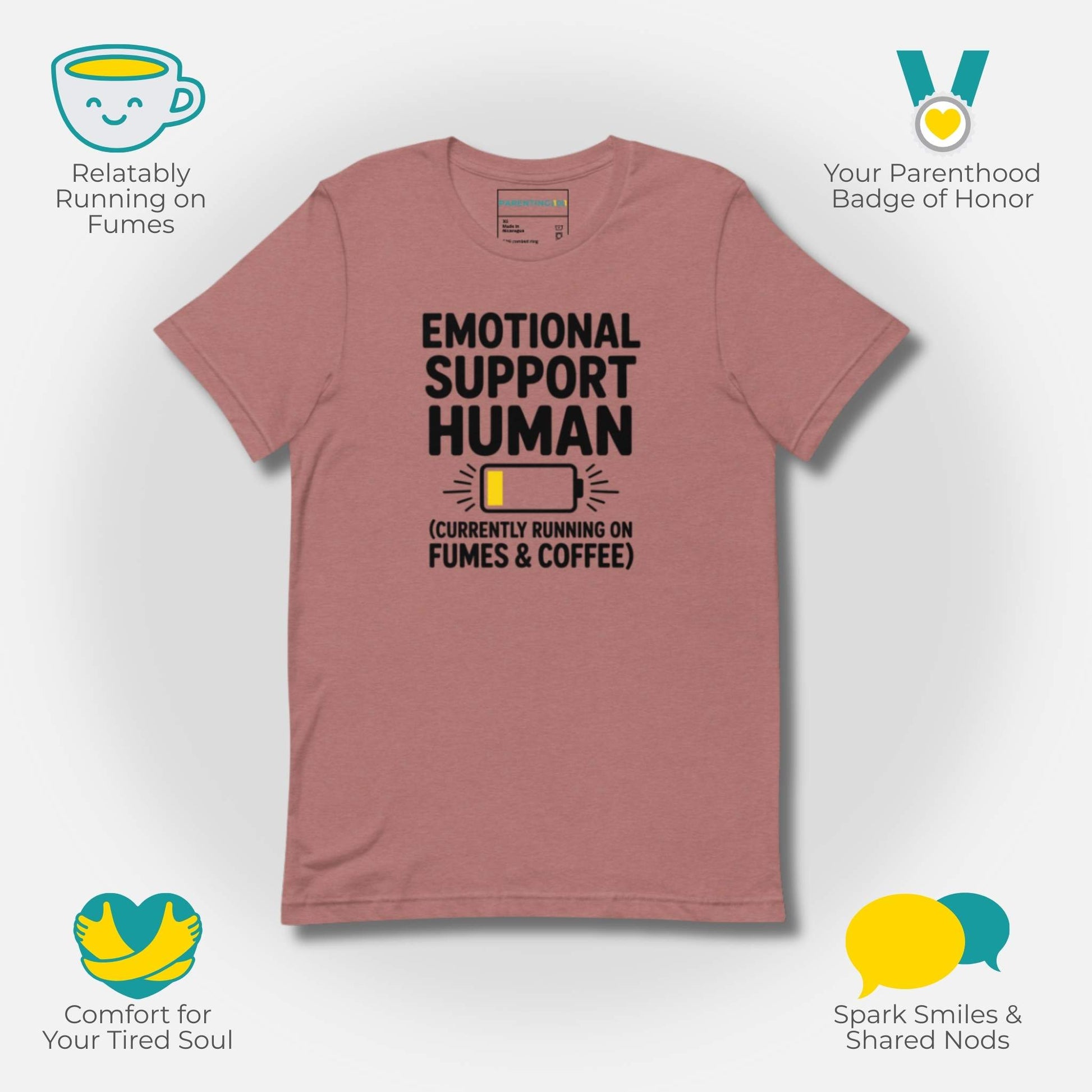 Why Buy Graphic; Heather Mauve t-shirt with "Emotional Support Human" design surrounded by icons representing relatable parenting, parenthood badge, comfort, and sparking smiles.