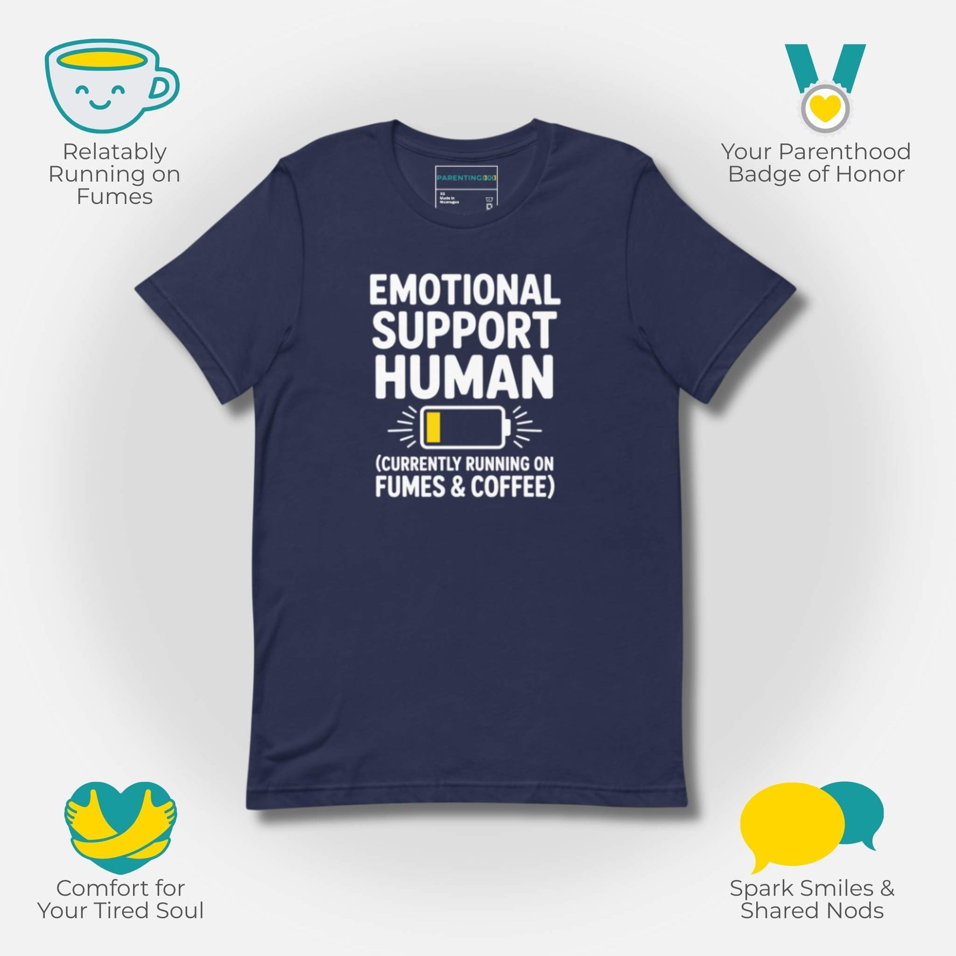 Why Buy Graphic; Navy t-shirt with "Emotional Support Human" design surrounded by icons representing relatable parenting, parenthood badge, comfort, and sparking smiles.