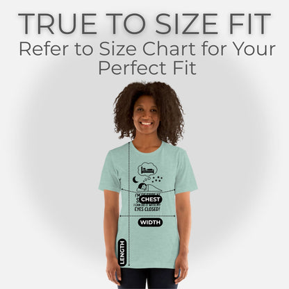 Woman in a heather clay "I'm so good at sleeping" t-shirt, demonstrating true to size fit for relatable parent apparel.