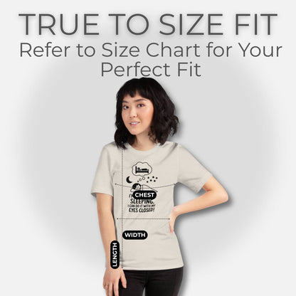 Woman in a heather dust "I'm so good at sleeping" t-shirt, indicating true to size measurements for comfortable parenting humor.
