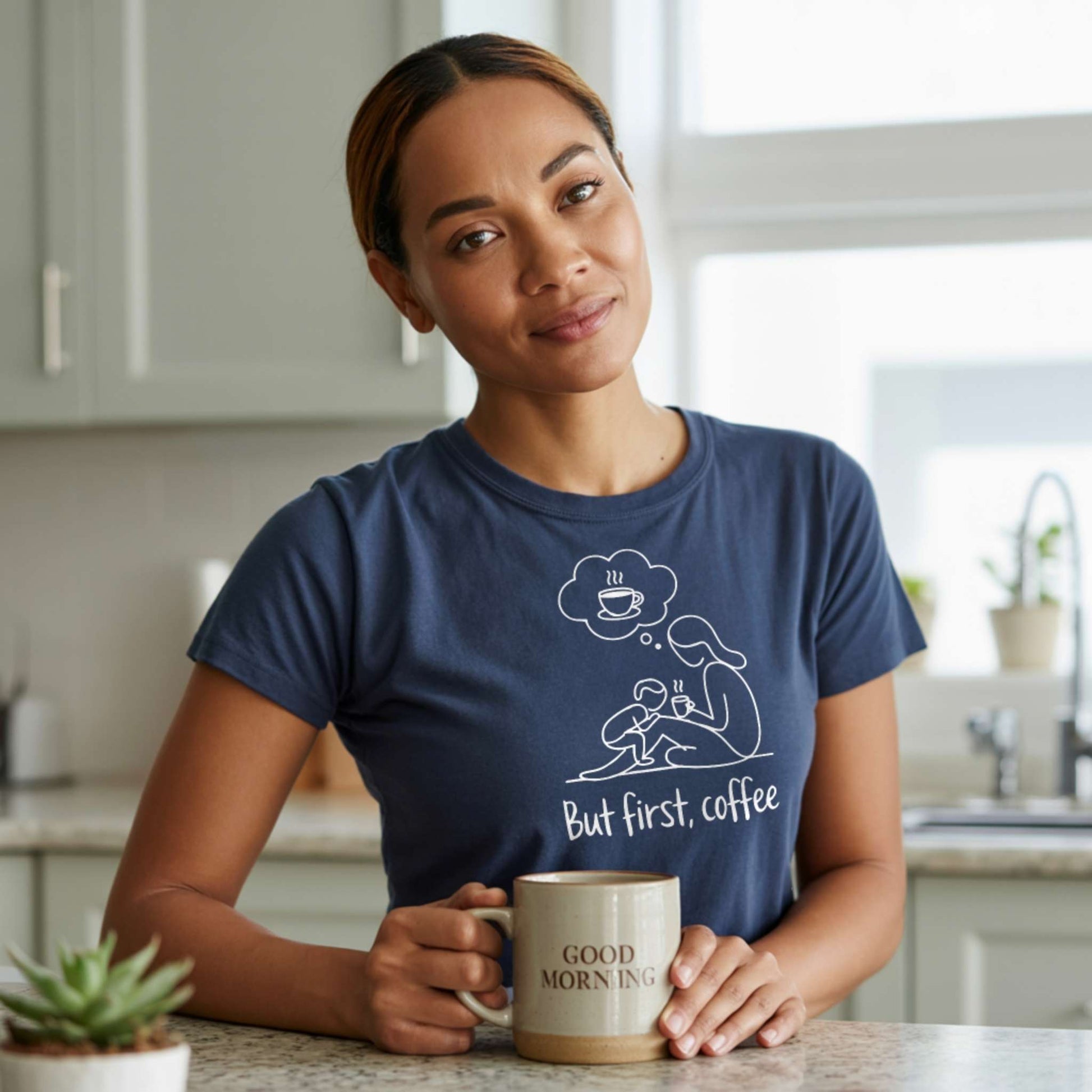 ParentingLOL Hero Shot: Confident mom in a navy "But first, coffee" tee, ready to tackle dad life or mom life with humor and coffee. 