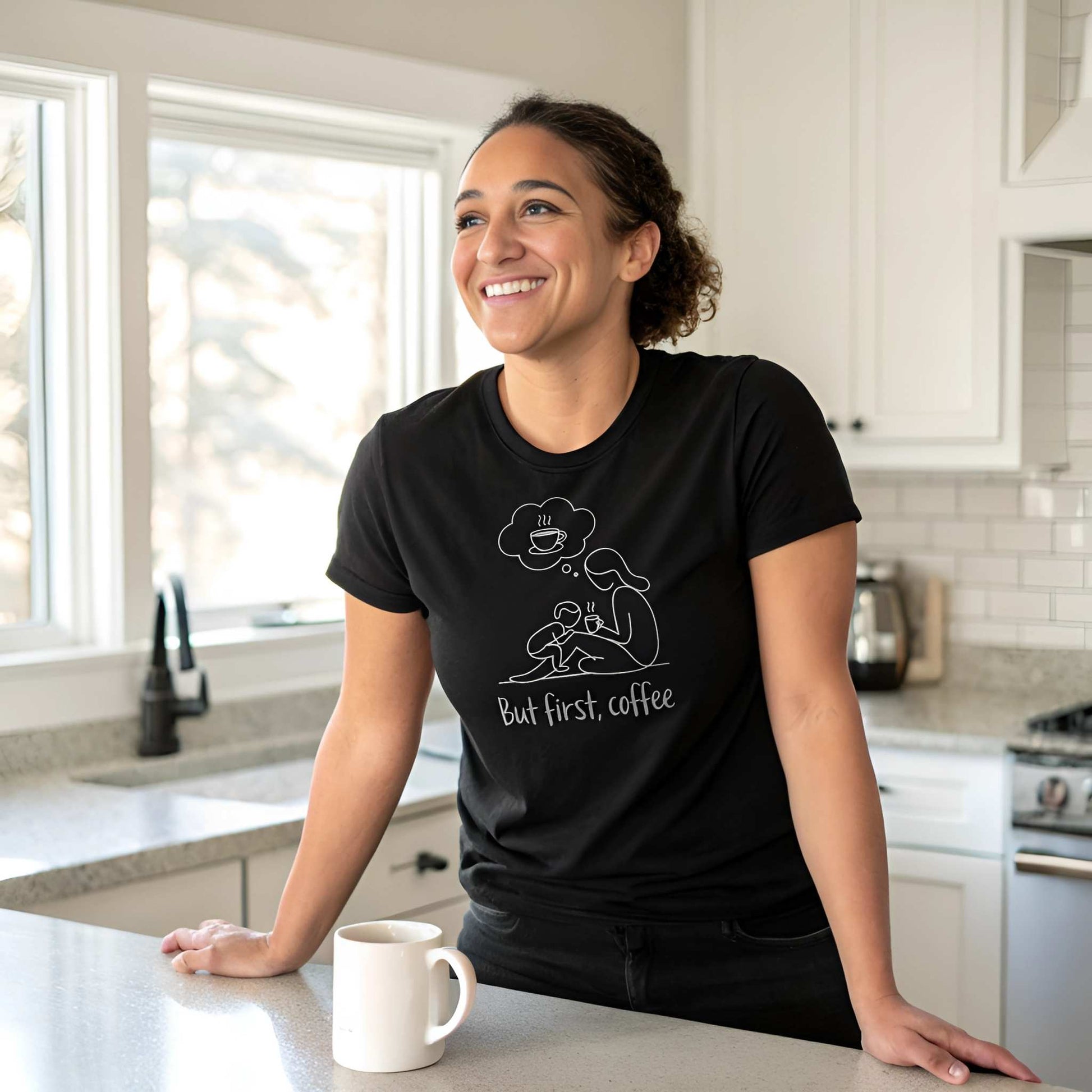ParentingLOL Hero Shot: Smiling mom in a black "But first, coffee" tee, embodying funny parenting and mom life.