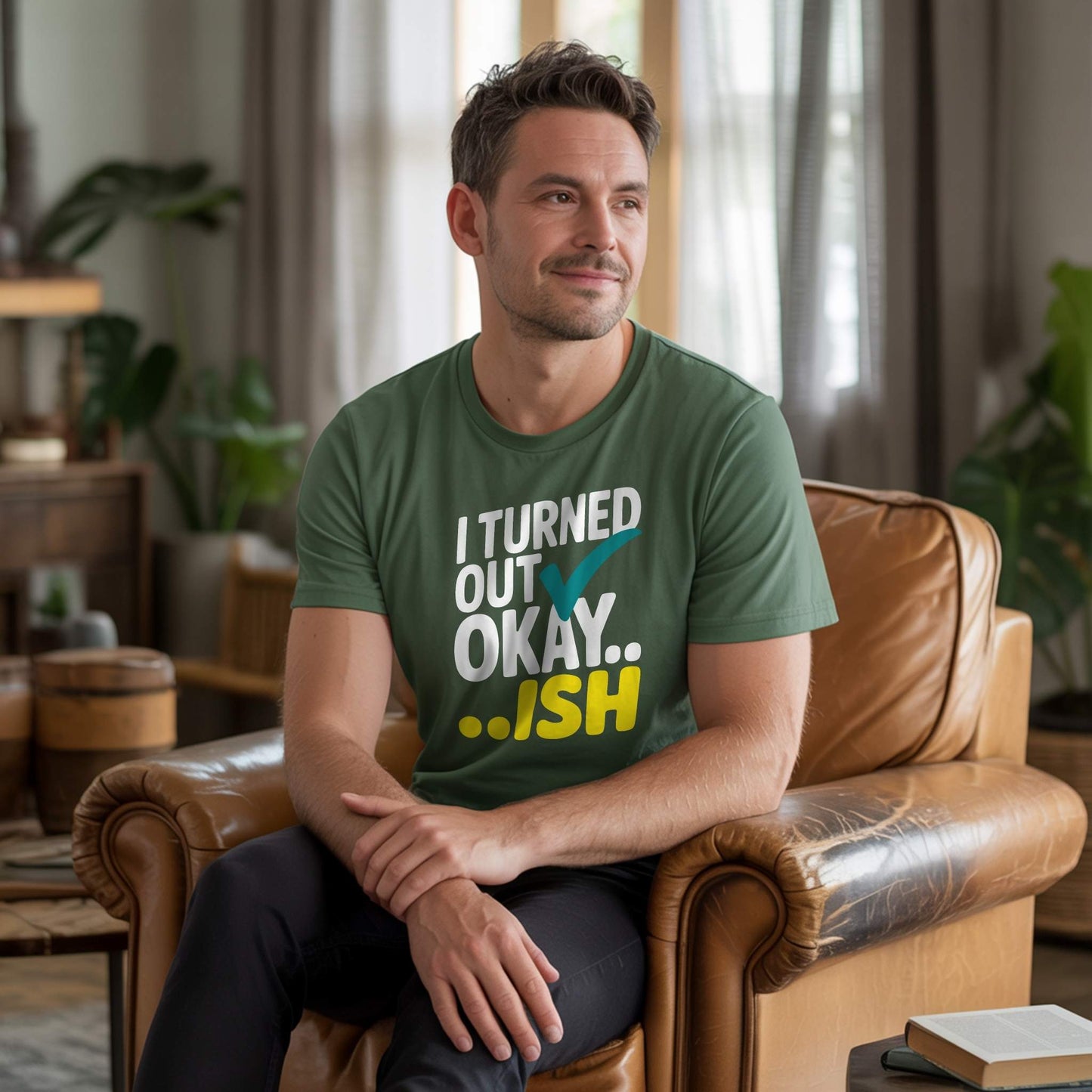 Man in a comfortable Forest green t-shirt with the funny "I Turned Out Okay...ish" design, perfect for relatable parent humor.