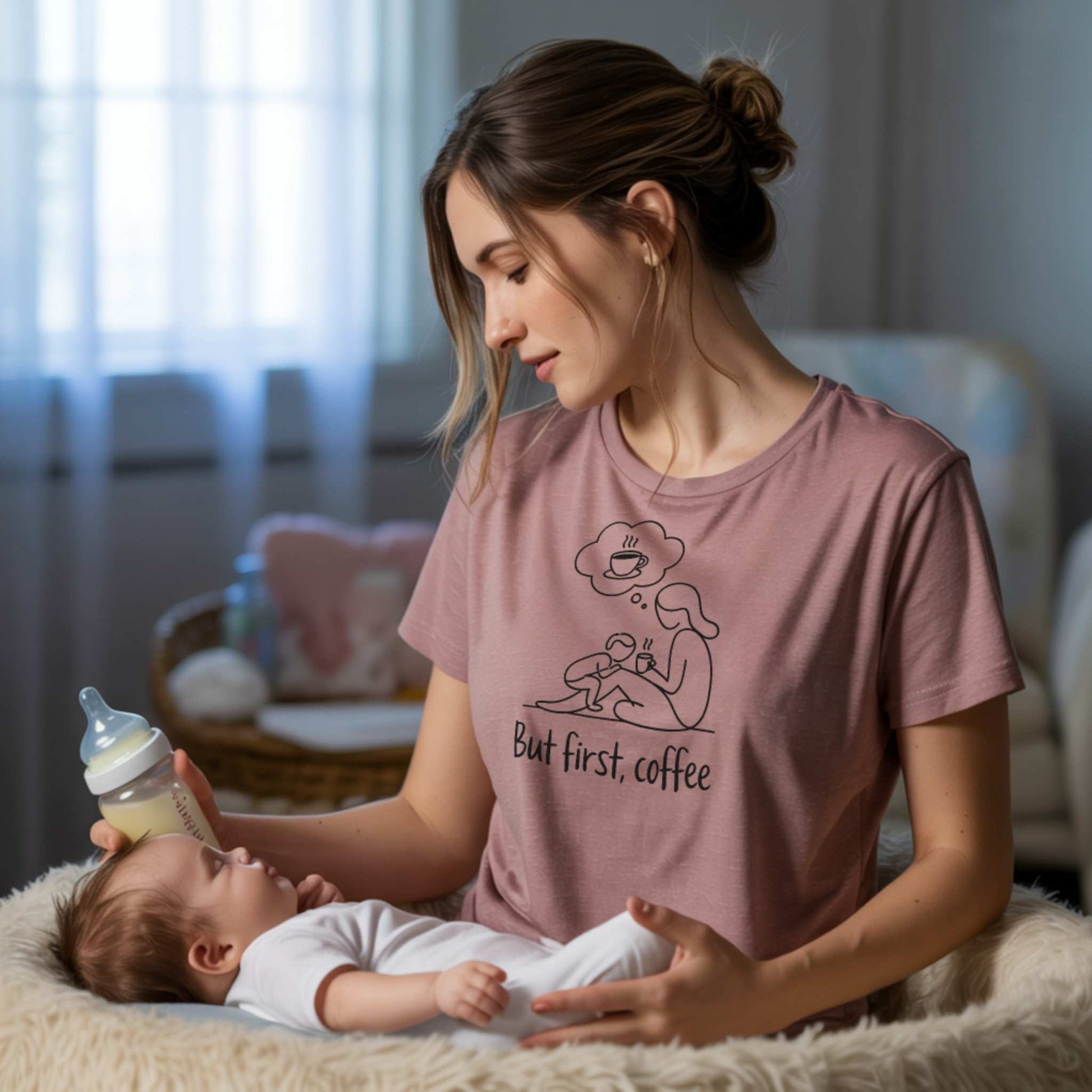 ParentingLOL Lifestyle: Gentle mom in a heather mauve "But first, coffee" tee, feeding her baby, embodying new parent life and self-care.