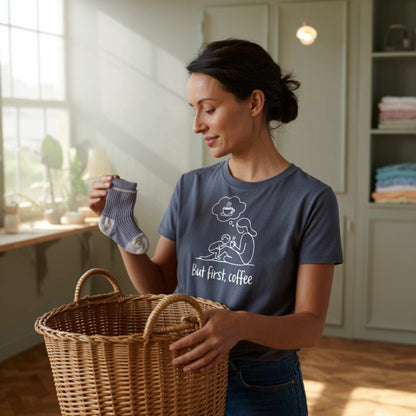 ParentingLOL Lifestyle: Relatable mom in a navy "But first, coffee" tee, folding laundry, a perfect scene of daily parent essentials and humor.