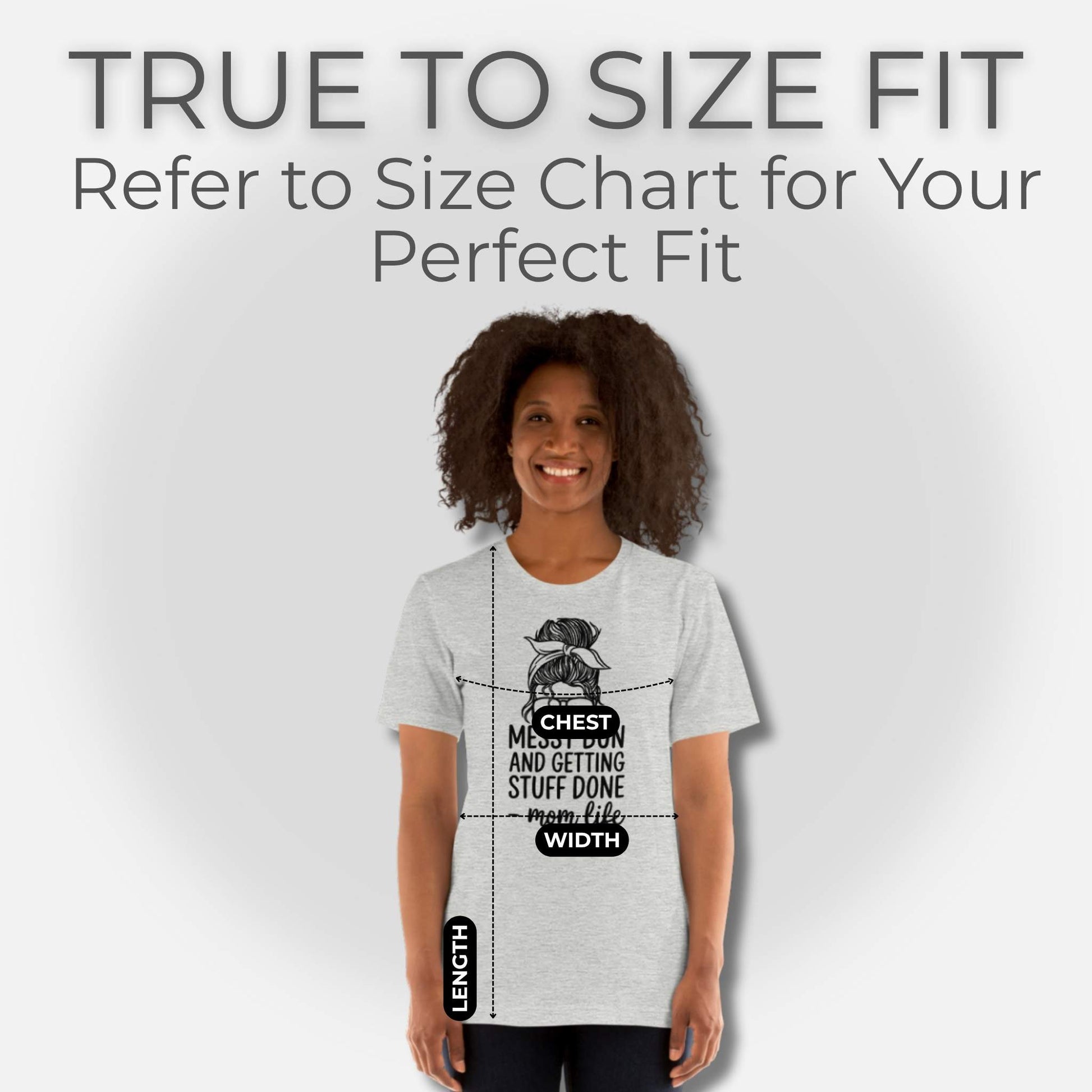 ParentingLOL's Athletic Heather "Messy Bun" tee shown on a model, highlighting true to size fit, width, and length for parents.