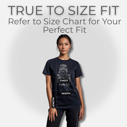 ParentingLOL's black "Messy Bun" tee on a model, illustrating the true to size fit, width, and length for ideal comfort.