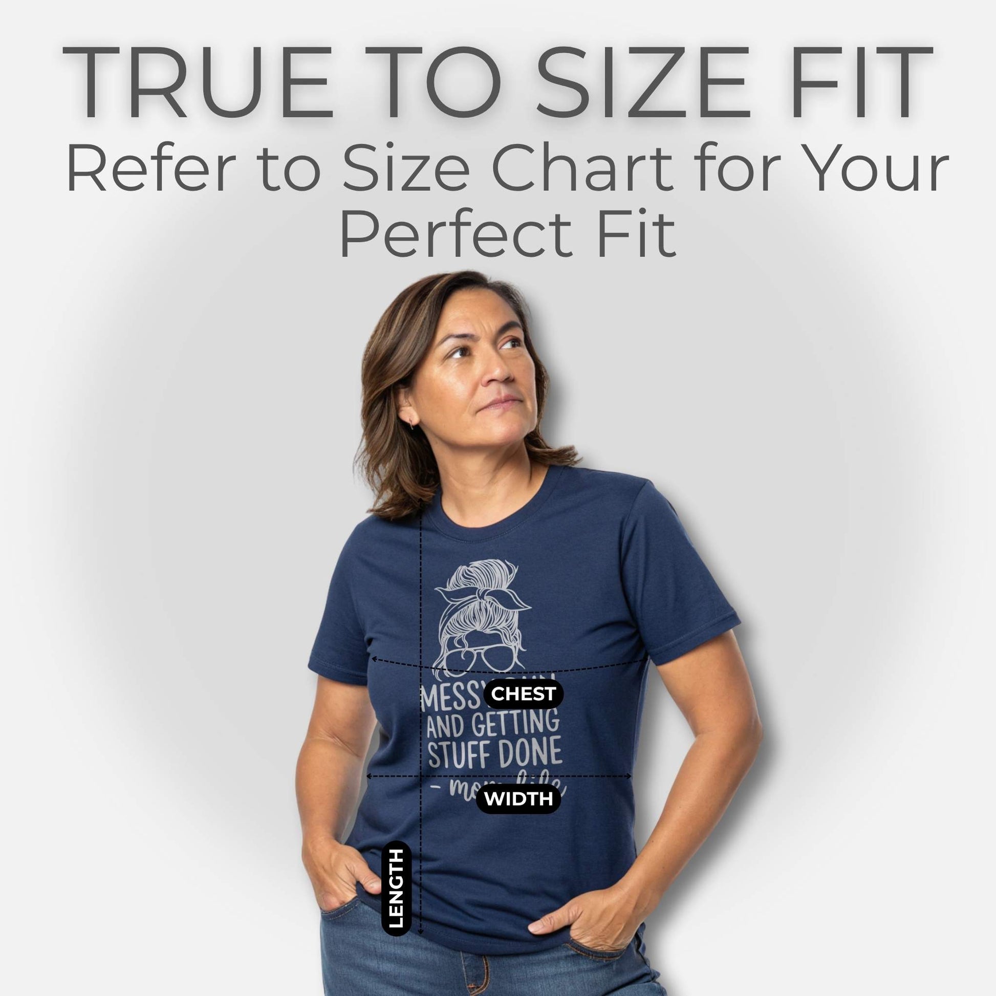 ParentingLOL's Navy "Messy Bun" tee on a model, showcasing the true to size fit, with chest, width, and length measurements for parents.