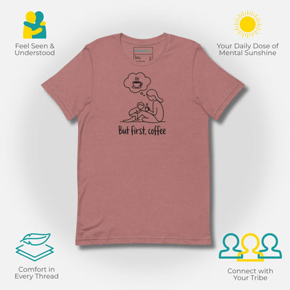arentingLOL "Why Buy" graphic featuring a heather mauve t-shirt with "But first, coffee" design, showcasing comfort, mental sunshine, and a supportive parent tribe.