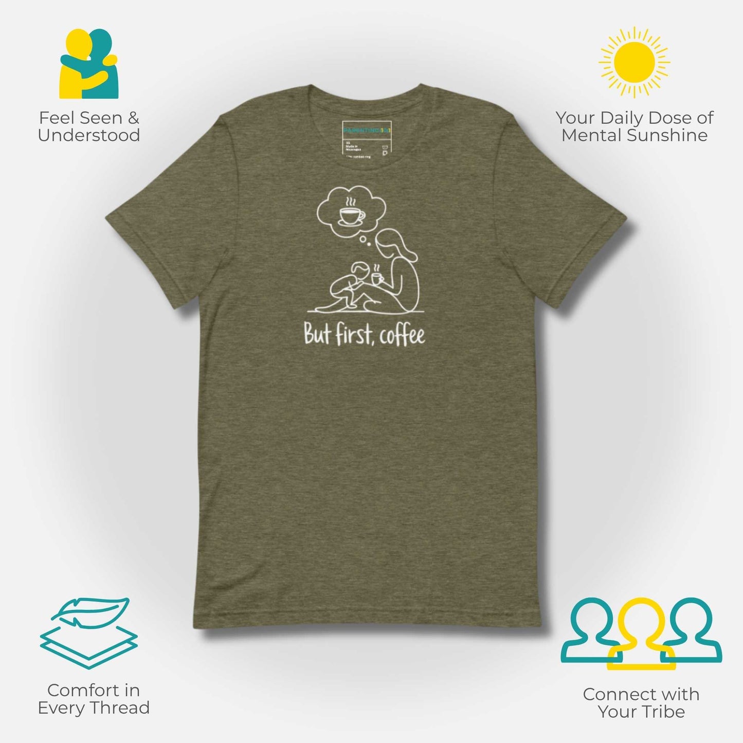 ParentingLOL "Why Buy" graphic featuring a heather olive t-shirt with "But first, coffee" design, highlighting comfort, connection, and mental sunshine for parents.